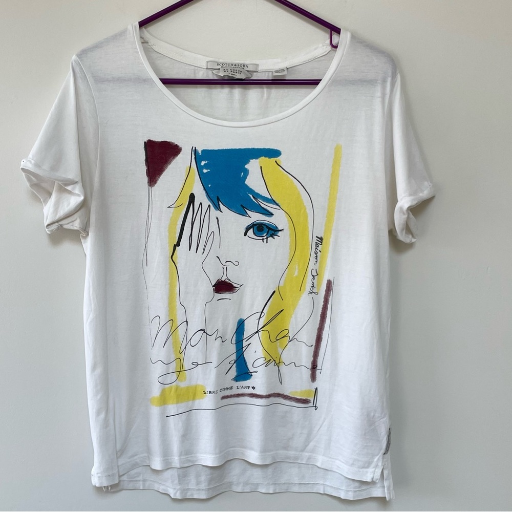 Scotch & Soda Au Coeur De Paris Blue & Yellow Face Graphic Tee, White T Shirt